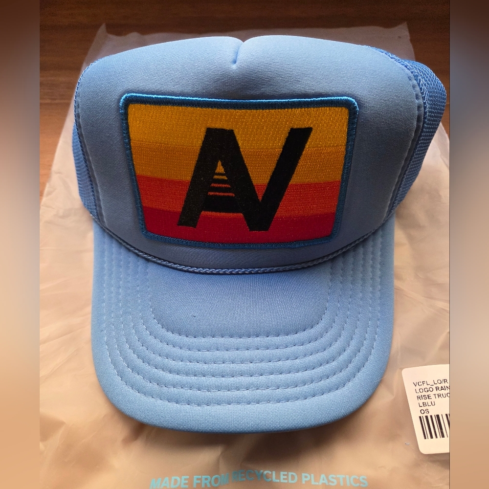 New AVIATOR NATION Logo AV Rainbow Patch Trucker Hat Light Blue